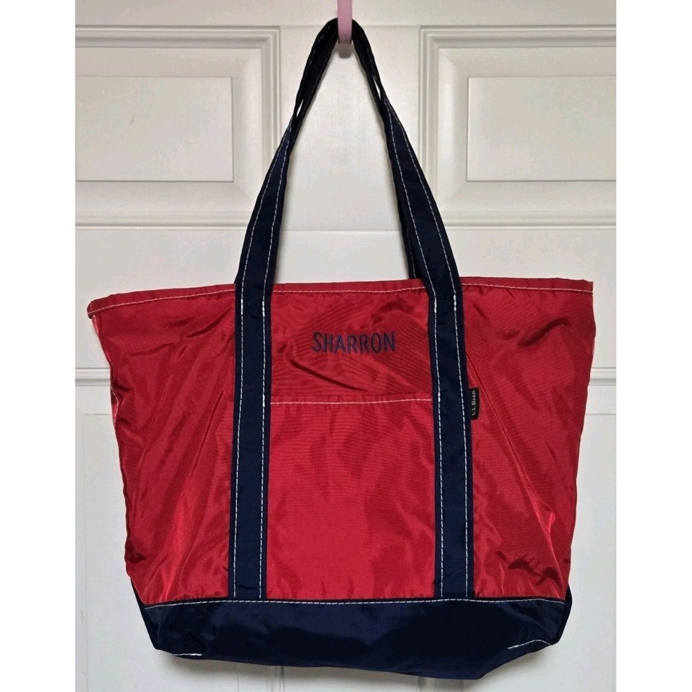 LL Bean Nylon Tote Bag Red / White "Sharron" 17"x11" Boat